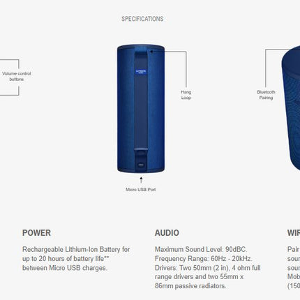 Logitech Ultimate Ears Boom 3 Wireless Bluetooth Speaker - Blue