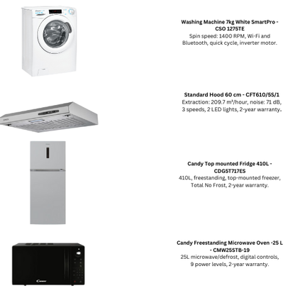 Candy Washing Machine + Standard Hood 60 cm + Top Mouted Fridge 410L + Freestanding Microwave Oven 25L
