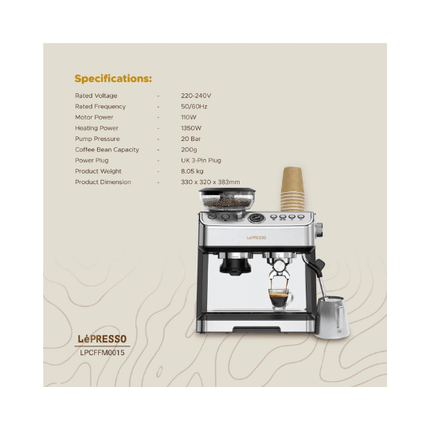 LePresso Advanced Espresso Coffee Maker 2.8L with Bean Grinder 20Bar - Silver