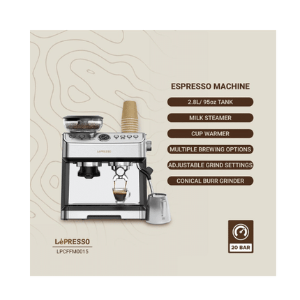 LePresso Advanced Espresso Coffee Maker 2.8L with Bean Grinder 20Bar - Silver