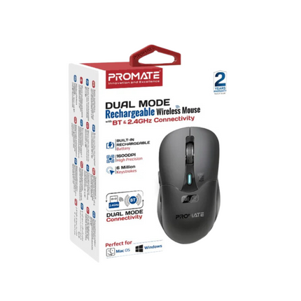 Promate Dual Mode Rechargeable Wireless Mouse with BT & RF Connectivity