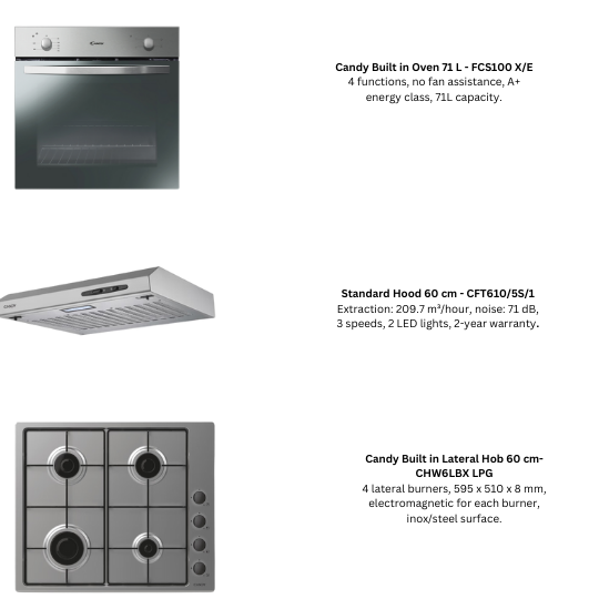 Candy Built In Oven 71L + Standard Hood 60 cm + Built-in Lateral Hob 60cm