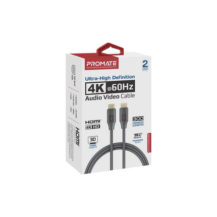 Promate HDMI 2.0 Cable 4K 60Hz HDMI to HDMI Slim 3m Cable with 3D Video Support 18Gbps Bandwidth Ethernet Support and Gold-Plated Connectors