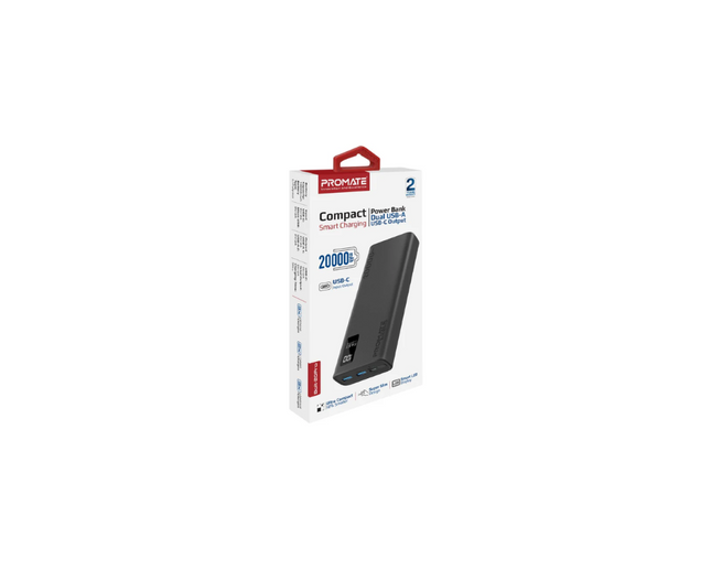 Promate iPhone 15 Portable Charger High-Capacity 20000Mah Slim Power Bank Dual USB Ports 10W Type-C Input/Output Port