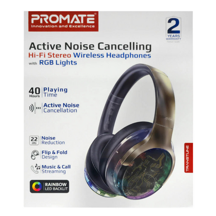 Promate Active Noise Cancelling Hi-Fi Stereo Wireless Headphones with RGB Lights