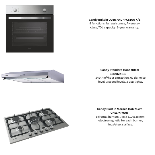Candy Built In Oven 70L + Standard Hood 90 cm + Built-in Moroco Hob 60cm