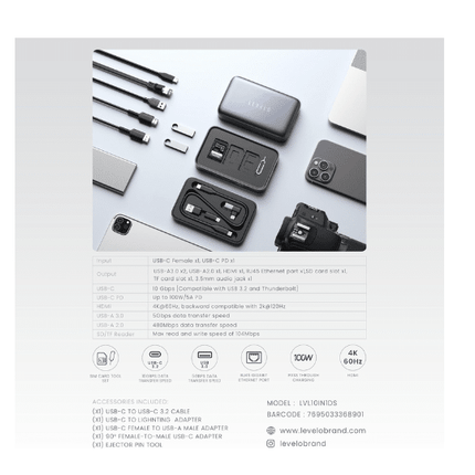 Levelo VersaPort USB-C 10 in 1 Storage Dock Station - Grey