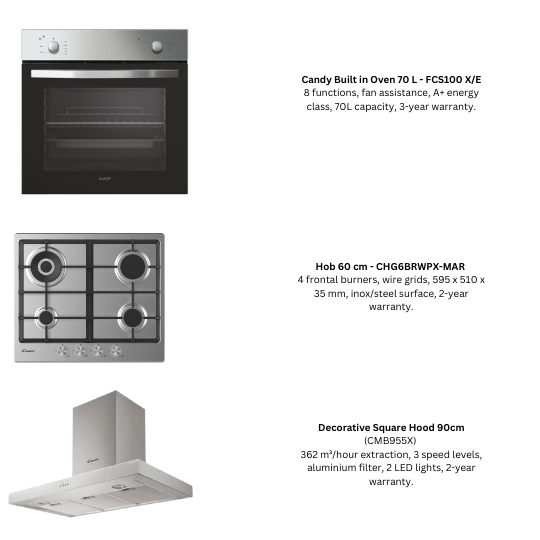 Candy Build-in Smart Oven 70L + Build in Hob 60 cm + Decorative Sqauare hood