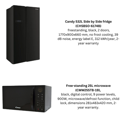 Candy Side by Side Fridge - 532 L-CHSBSO 6174B + Candy Freestanding Microwave Oven -25 L - CMW25STB-19
