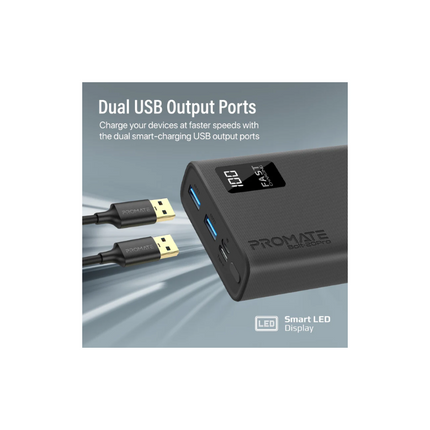 Promate iPhone 15 Portable Charger High-Capacity 20000Mah Slim Power Bank Dual USB Ports 10W Type-C Input/Output Port