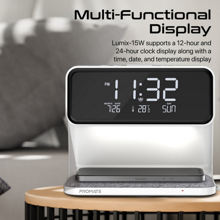 Promate Multi-Function LED Alarm Clock with 15W Wireless Charger