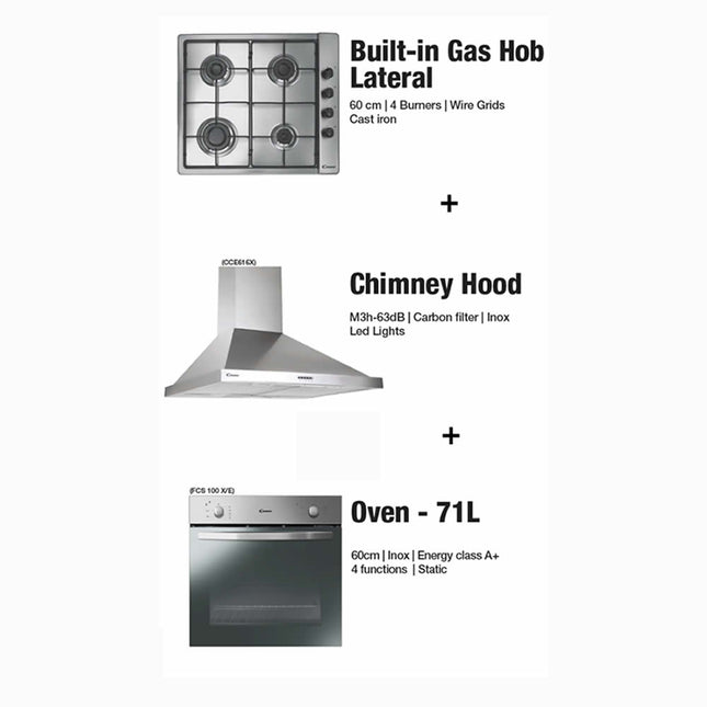 Candy Chimney Hood 60cm + Oven 71L + Gas Hob