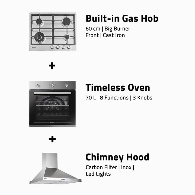Candy Built In Hob + Oven 70L + Chimney Hood