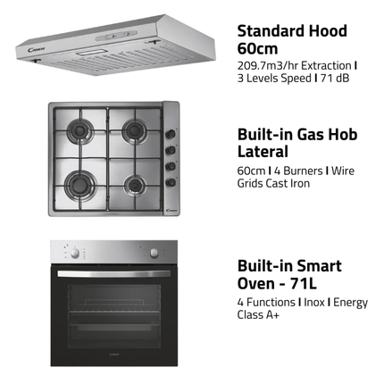 Candy Chimney Hood 60cm + Built-In Gas Hob + Oven 71L