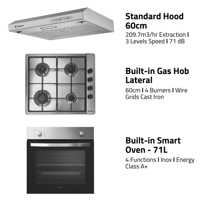 Candy Chimney Hood 60cm + Built-In Gas Hob + Oven 71L