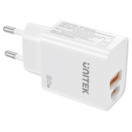 Unitek USB Wall Charger 20W QC Fast Charging + USB-C PD P1124ABK-UK