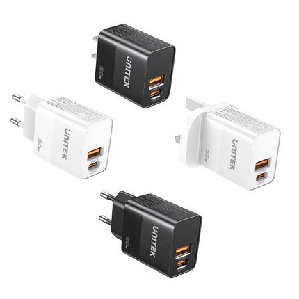 Unitek USB Wall Charger 20W QC Fast Charging + USB-C PD P1124ABK-UK