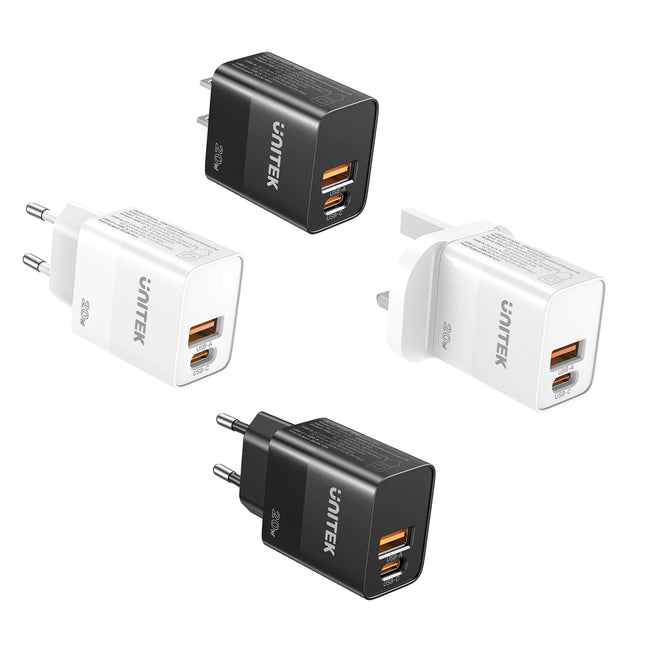 Unitek USB Wall Charger 20W QC Fast Charging + USB-C PD P1124ABK-UK